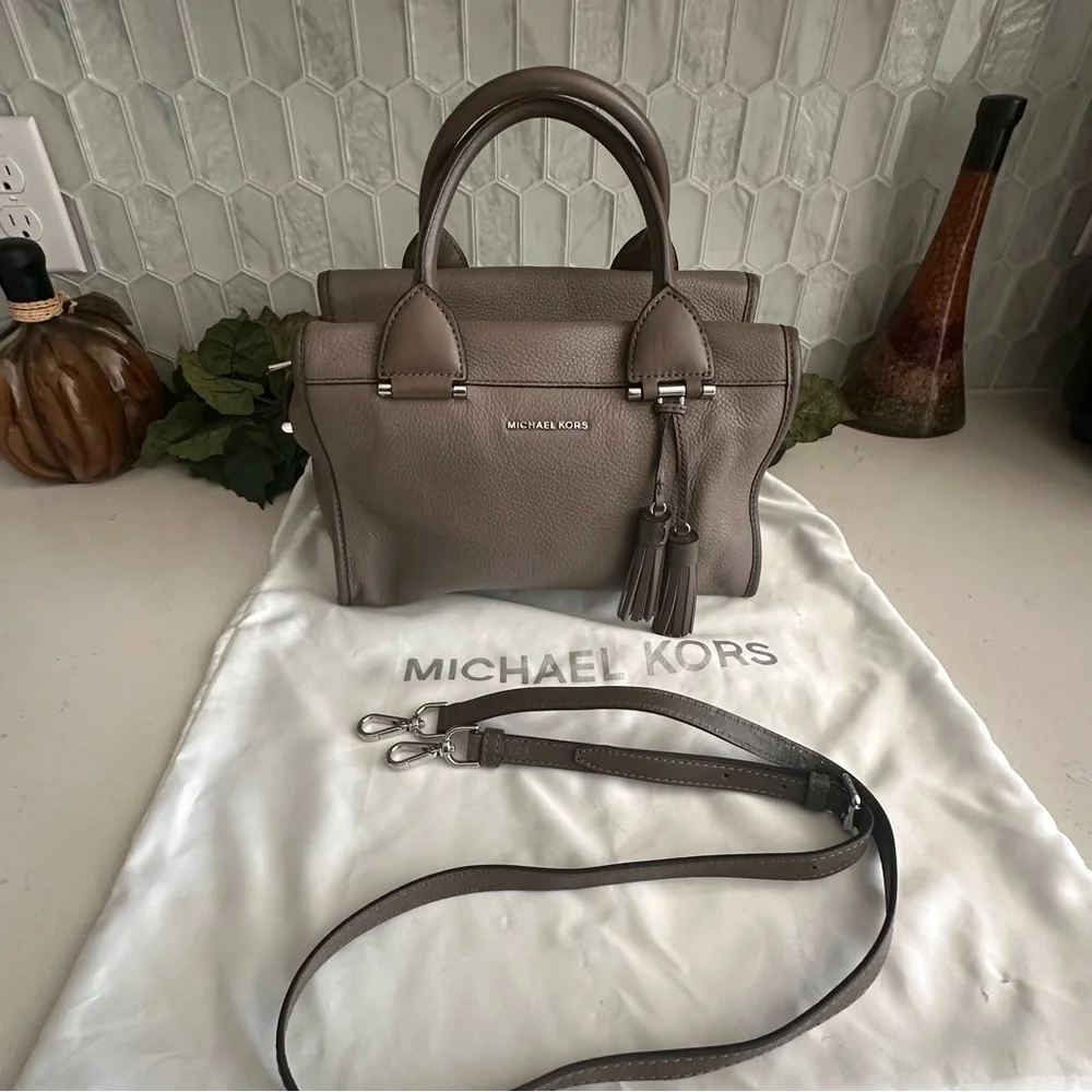 Michael Kors Bedford Pebbled Leather Satchel Bag With Tassels - Taupe - Picture 2 of 13